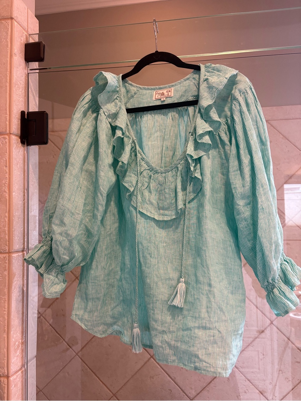 Light green stripe Ruffle Tie-Front Blouse by Mills